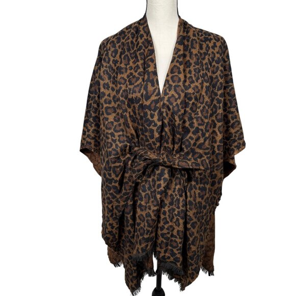 Francesca's Belted Wrap Poncho Ruana One Size Leopard Animal Print Fringe Knit - Picture 1 of 10